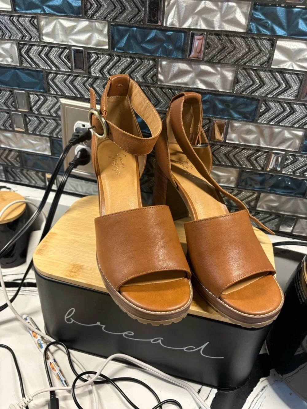 Crown Vintage Tan Platform Sandals with Ankle Strap
